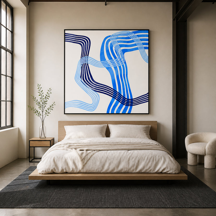 Flowing Blue Ribbons Art Print in a room setting