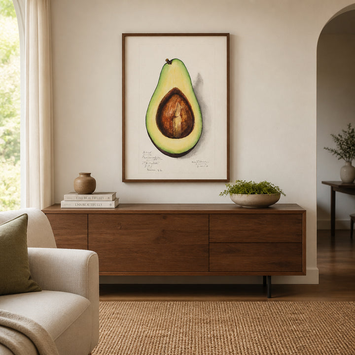 Room mockup featuring Avocado by Amanda Almira Newton Halved Fruit With Prominent Pit Art Print