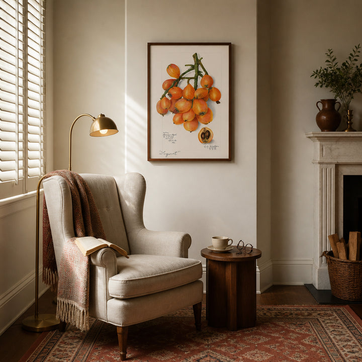 Room mockup featuring Loquats by Amanda Almira Newton Art Print