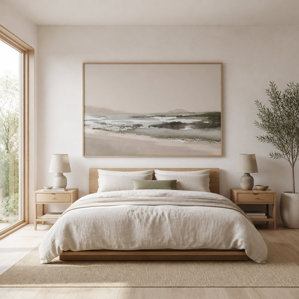 Room mockup featuring Tranquil Shoreline View Art Print