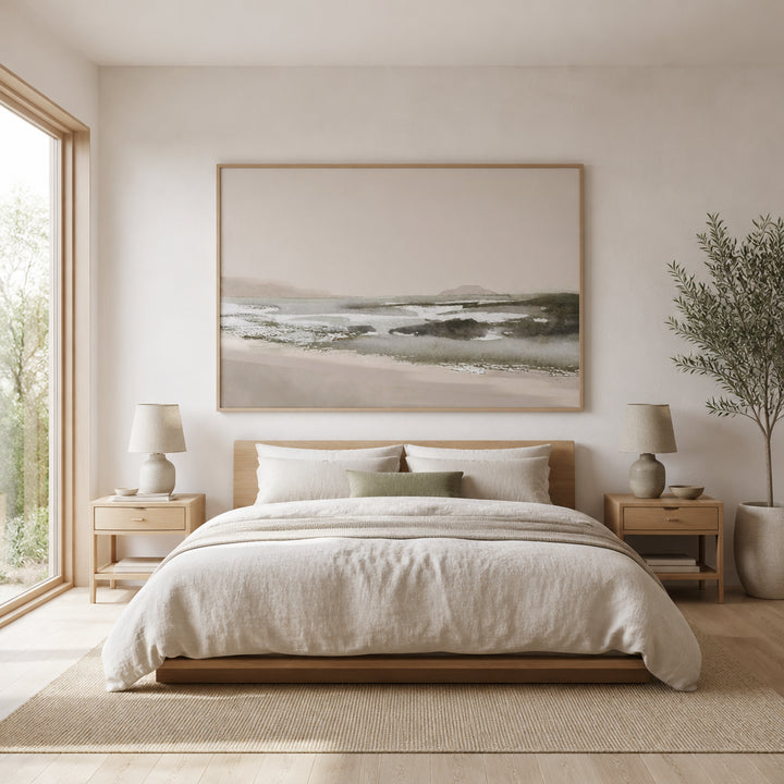 Room mockup featuring Tranquil Shoreline View Art Print