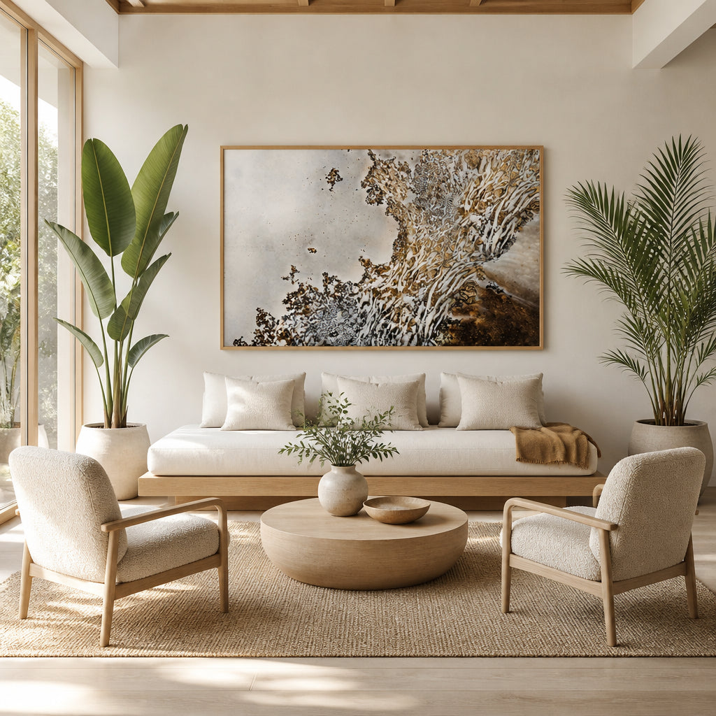 Room mockup featuring Aztecs Whispers Abstract Art Print By Petra Meikle de Vlas
