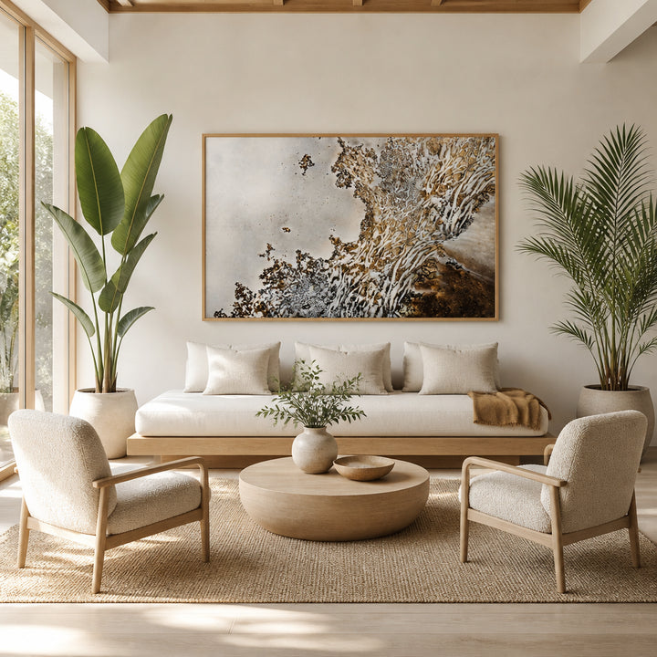 Room mockup featuring Aztecs Whispers Abstract Art Print By Petra Meikle de Vlas