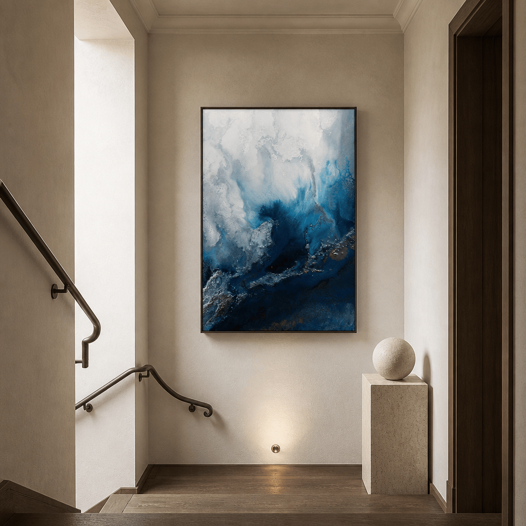 Room mockup featuring Blue Waters Abstract Art Print By Petra Meikle de Vlas