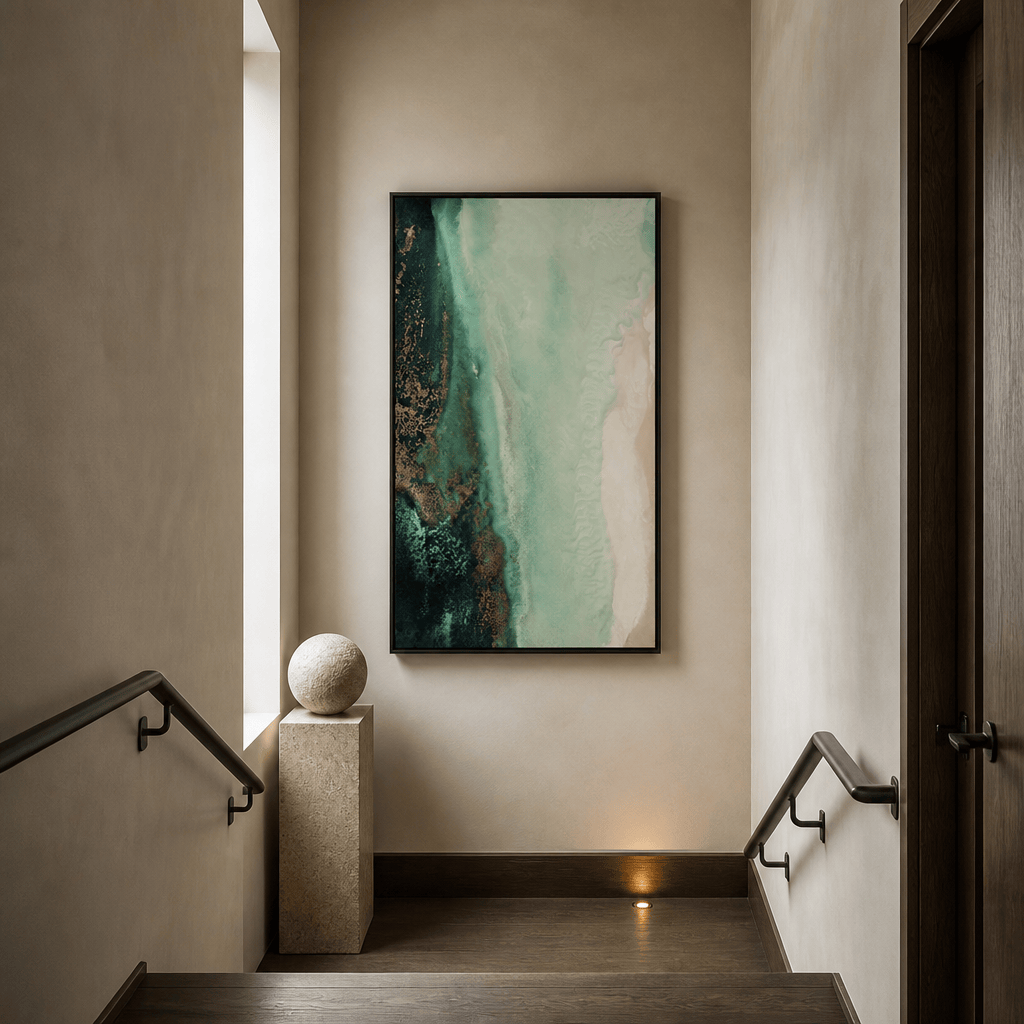 Room mockup featuring Jade Waters Abstract Art Print By Petra Meikle de Vlas