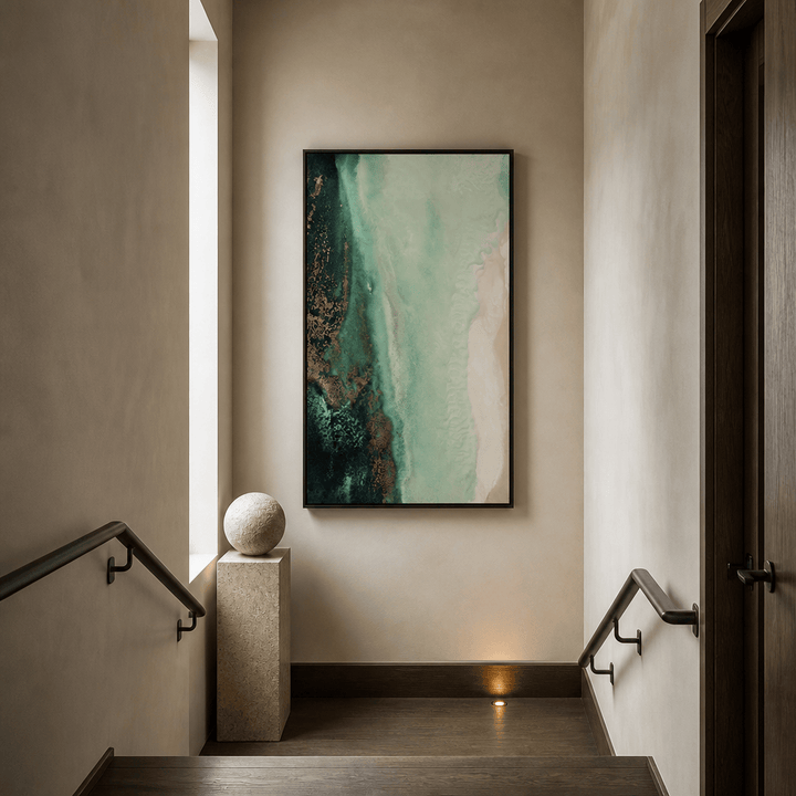 Room mockup featuring Jade Waters Abstract Art Print By Petra Meikle de Vlas