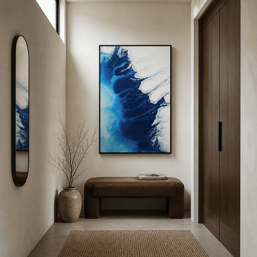 Room mockup featuring Ocean Escape Abstract Art Print By Petra Meikle de Vlas