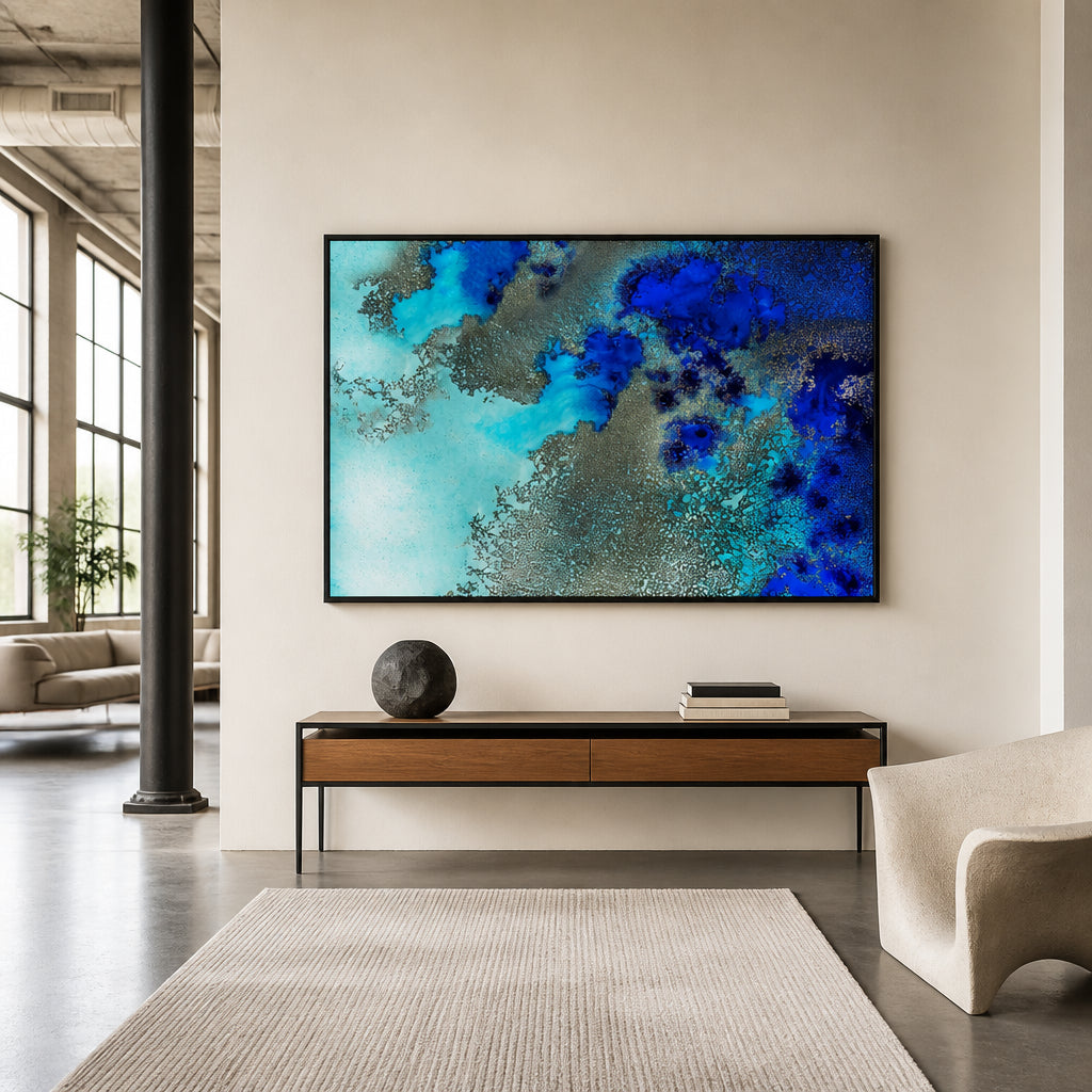 Room mockup featuring Reef Resonance Abstract Art Print By Petra Meikle de Vlas