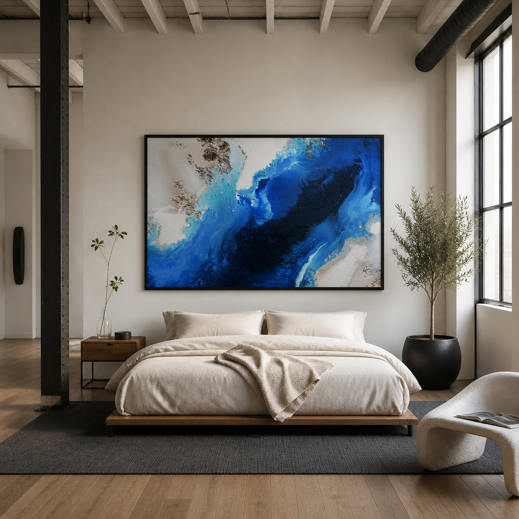 Room mockup featuring Sapphire Depths By Petra Meikle de Vlas