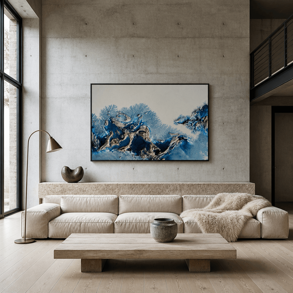 Room mockup featuring Wondering Waters Abstract Art Print By Petra Meikle de Vlas
