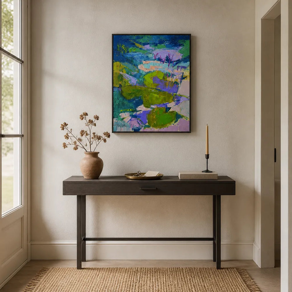 Room mockup featuring Glitter Me Happy Lily Pond - Abstract Landscape Art Print