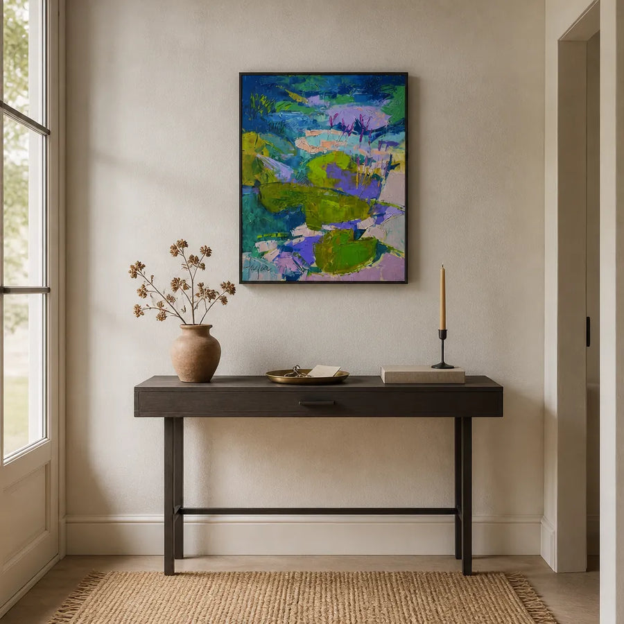 Glitter Me Happy Lily Pond - Abstract Landscape Art Print in a room setting