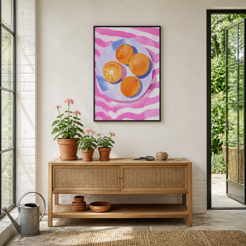 Room mockup featuring Orangen auf Teller - watercolor painting Art Print By Ohkimiko