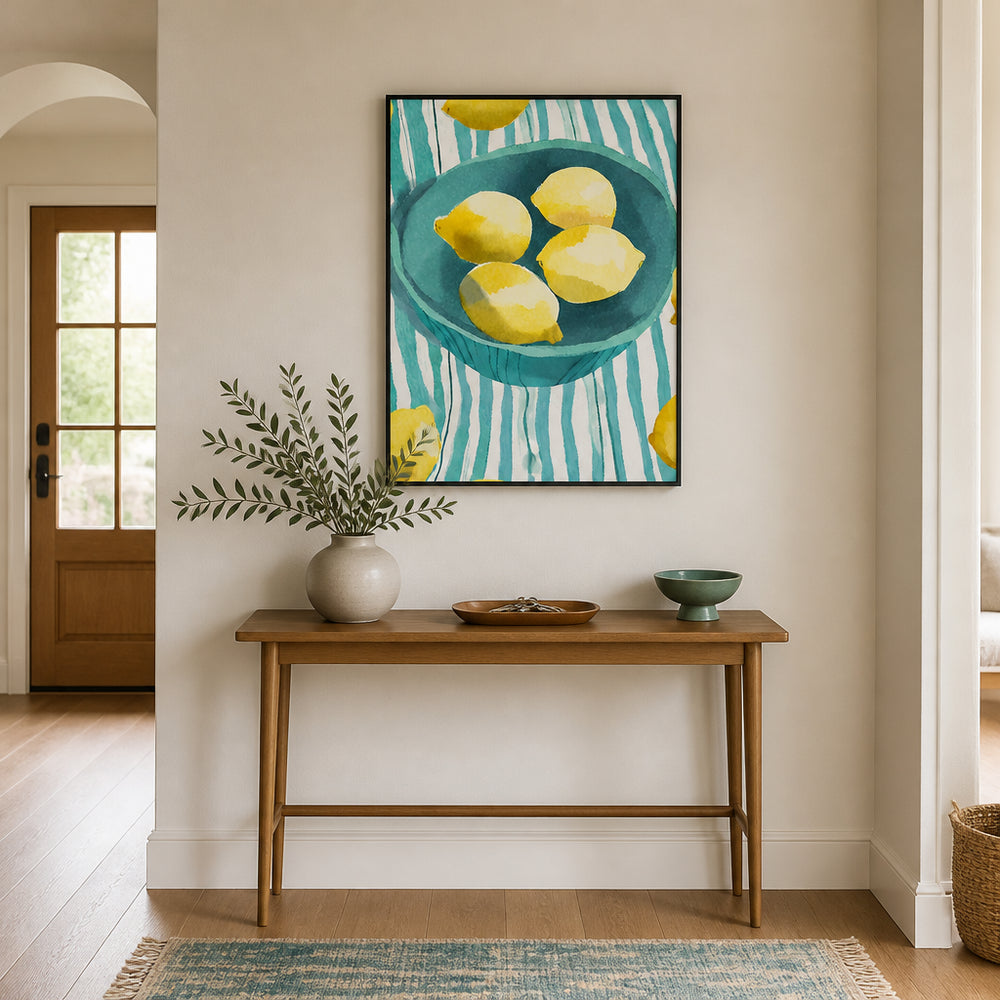 Room mockup featuring Zitronen in türkisfarbener Schale - watercolor painting Art Print By Ohkimiko