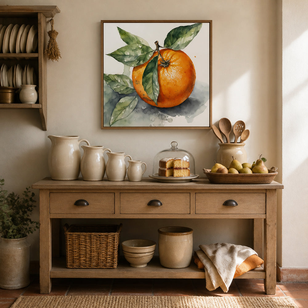 Room mockup featuring Orange, Aquarell, Ink - watercolor painting Art Print By Ohkimiko