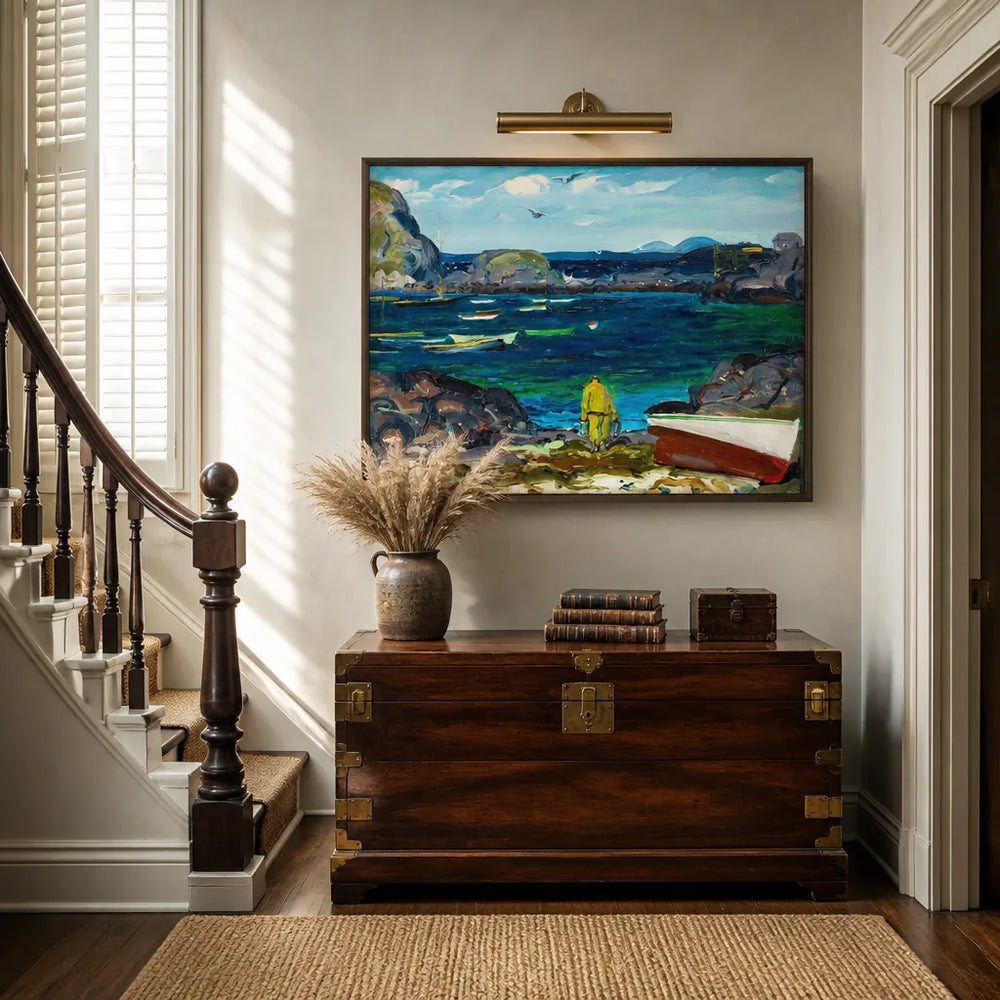 Room mockup featuring The Harbor, Monhegan Coast, Maine by George Wesley Bellows