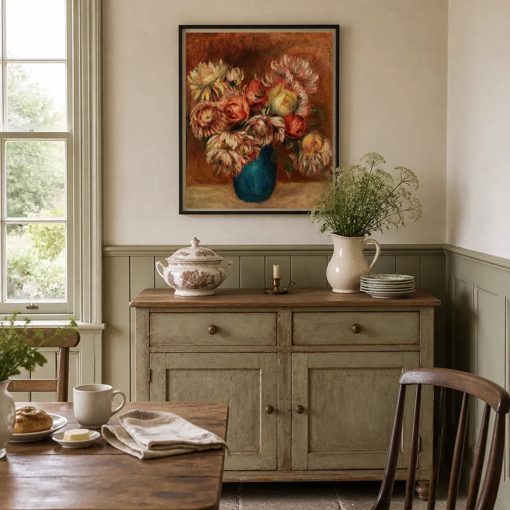 Room mockup featuring Flowers in a Green Vase by Renoir Art Print