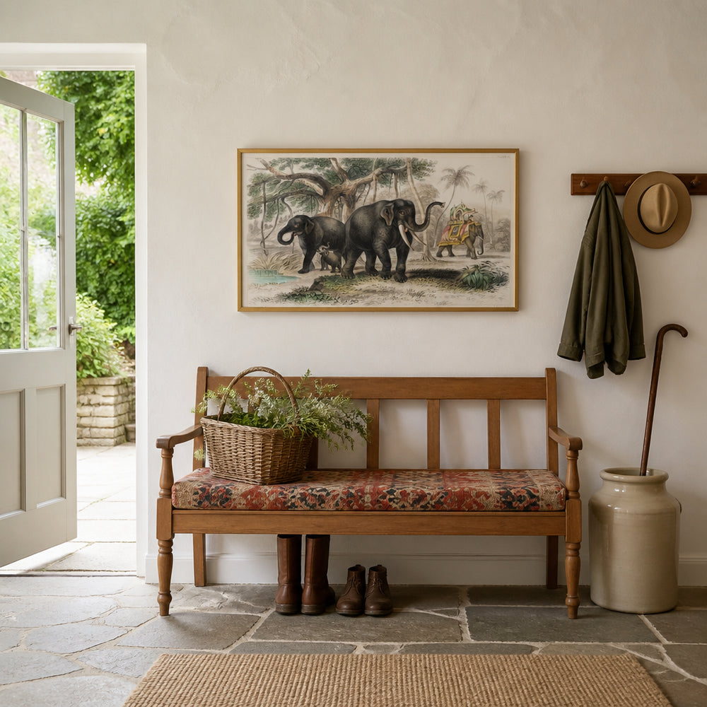 Room mockup featuring Asiatic Elephants by F. Howard Art Print