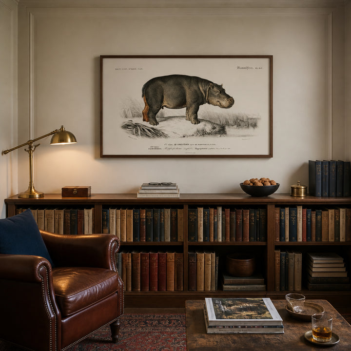 Room mockup featuring Hippopotamus by Charles Dessalines D Orbigny Art Print