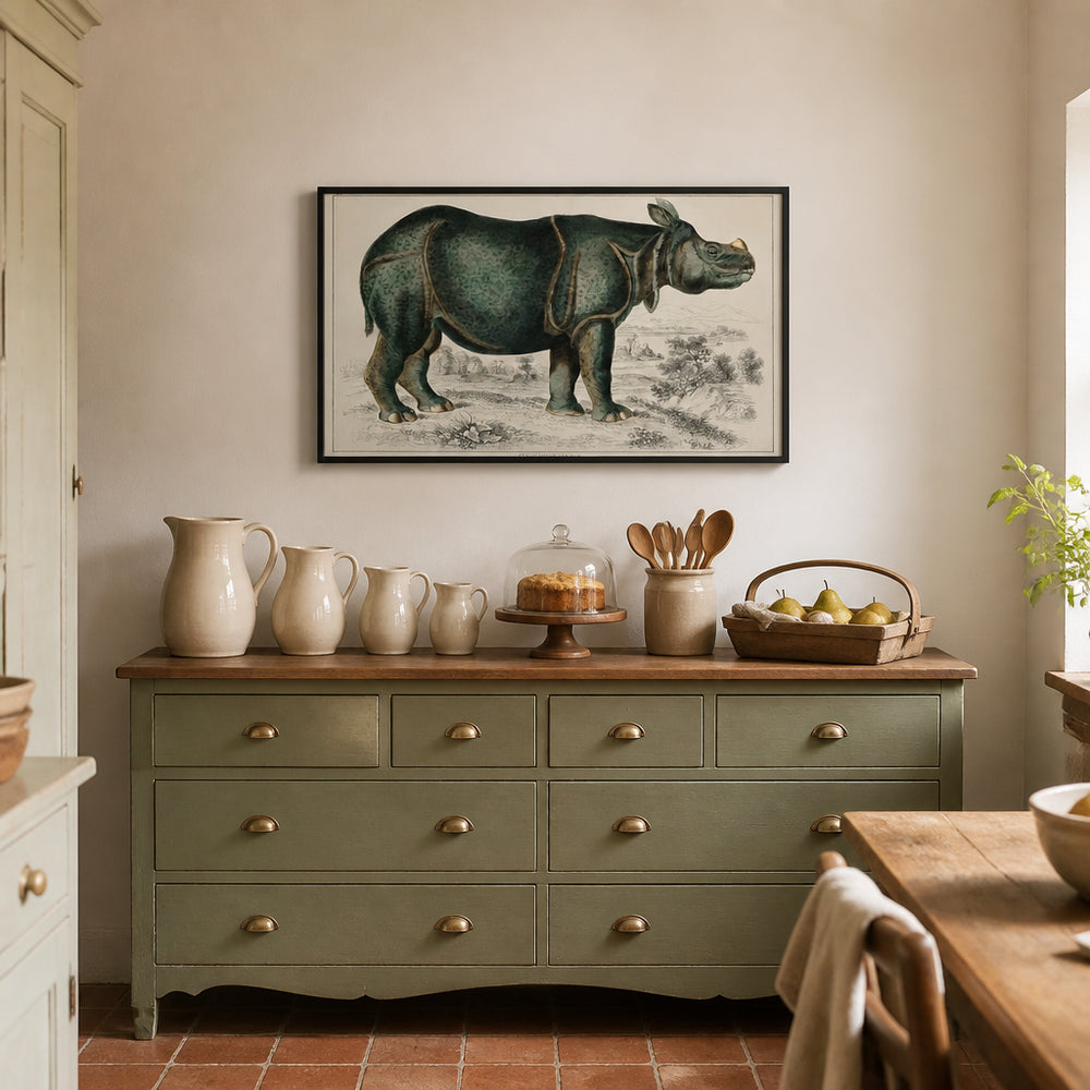 Room mockup featuring Rhinoceros by Oliver Art Print