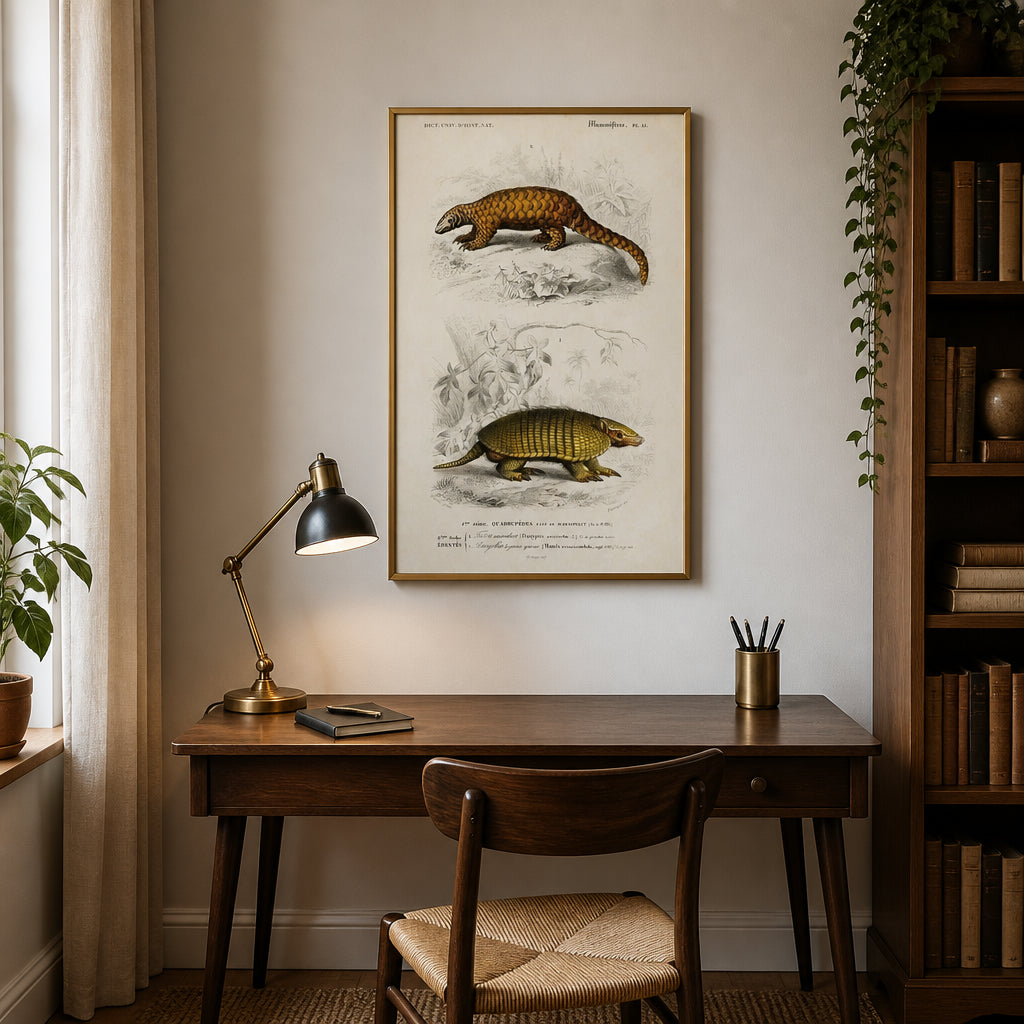 Room mockup featuring Yellow Armadillo and Pangolin by Charles Dessalines Art Print
