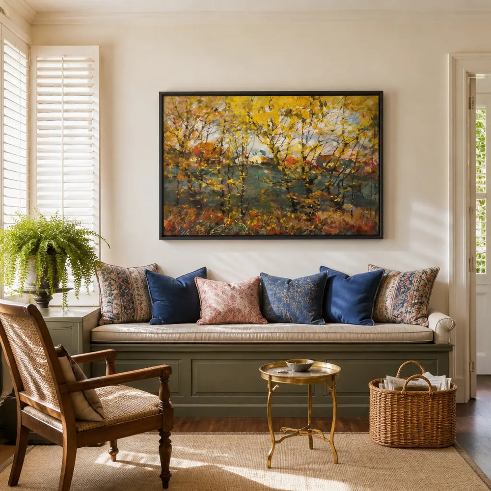 Room mockup featuring Autumn in Forest by Holmes Art Print