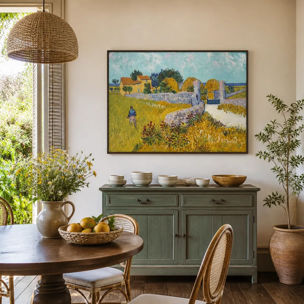 Room mockup featuring Farmhouse in Provence by Vincent van Gogh Art Print
