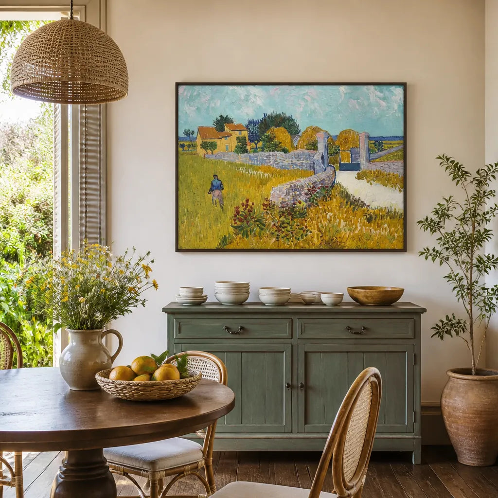 Room mockup featuring Farmhouse in Provence by Vincent van Gogh Art Print