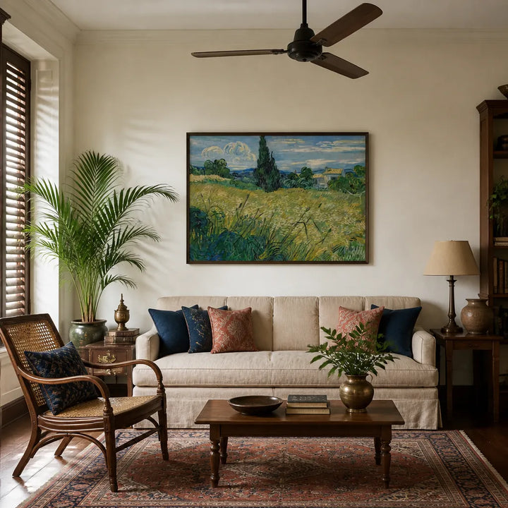 Room mockup featuring Green Wheat Field with Cypress by Vincent van Gogh Art Print