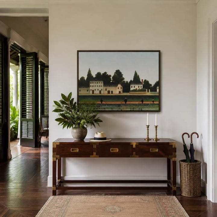 Room mockup featuring Landscape and Four Fishermen by Henri Rousseau Art Print