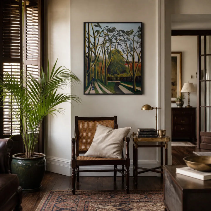 Room mockup featuring The Banks of the Bievre by Henri Rousseau Art Print