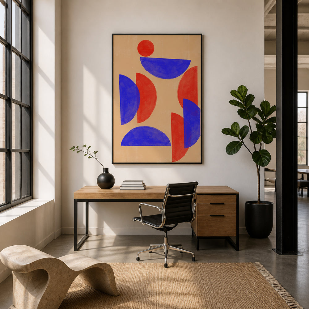 Room mockup featuring Abstract Shapes Red Circle Blue Crescents Art Print