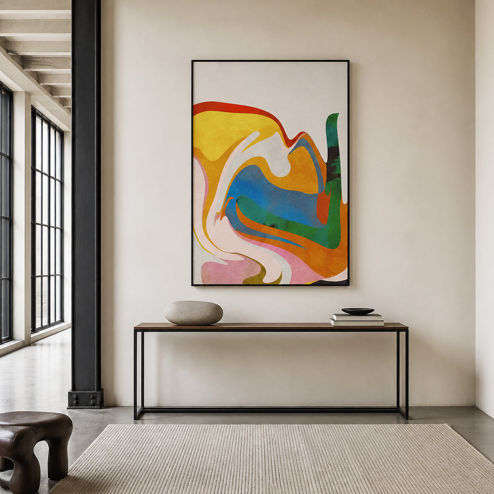 Room mockup featuring Organic Bauhaus Waved Yellow & Blue Swirling Forms Art Print