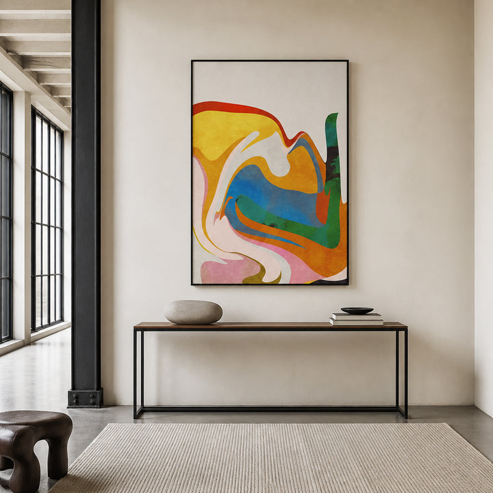 Room mockup featuring Organic Bauhaus Waved Yellow & Blue Swirling Forms Art Print