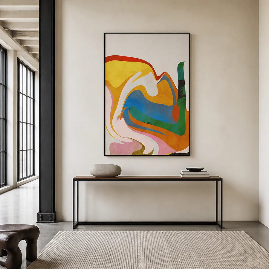 Organic Bauhaus Waved Yellow & Blue Swirling Forms Art Print in a room setting