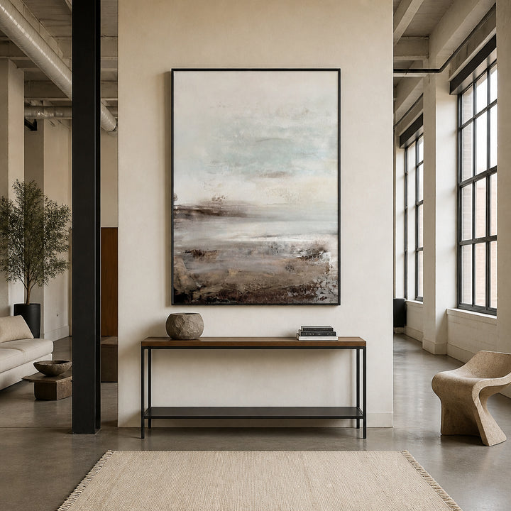 Room mockup featuring Tranquil Misty Beachscape 2 Art Print
