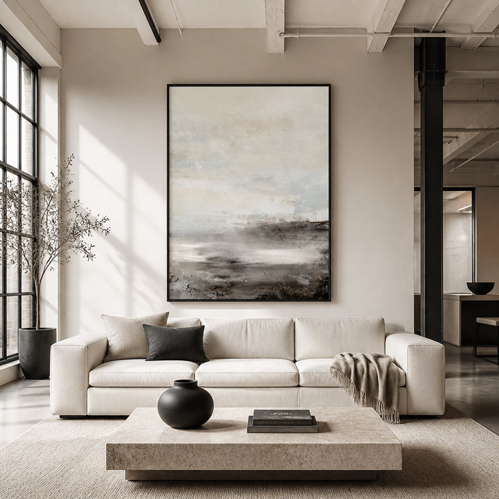 Room mockup featuring Tranquil Misty Beachscape 1  Art Print