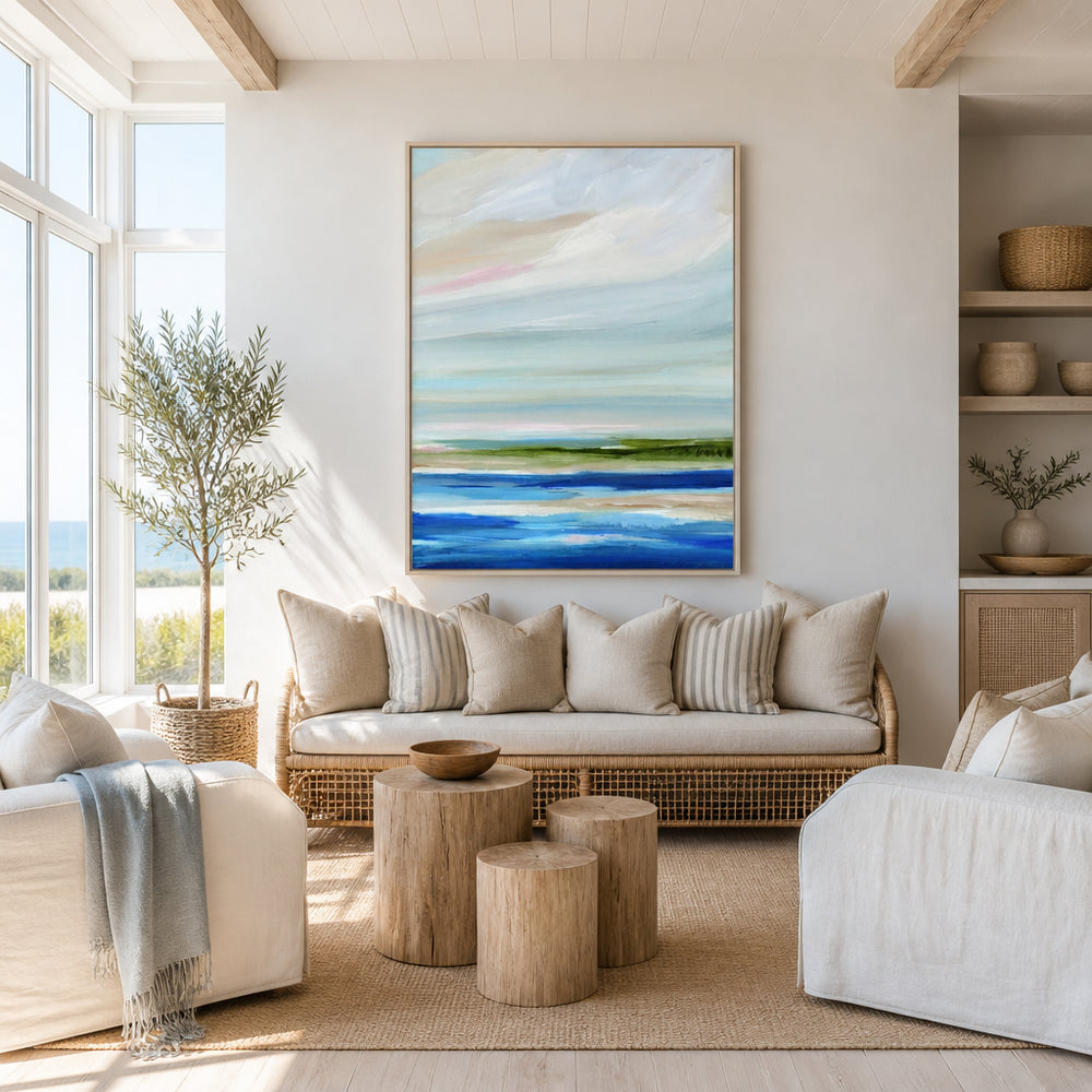 Room mockup featuring Serene Horizon Bluescape Art Print