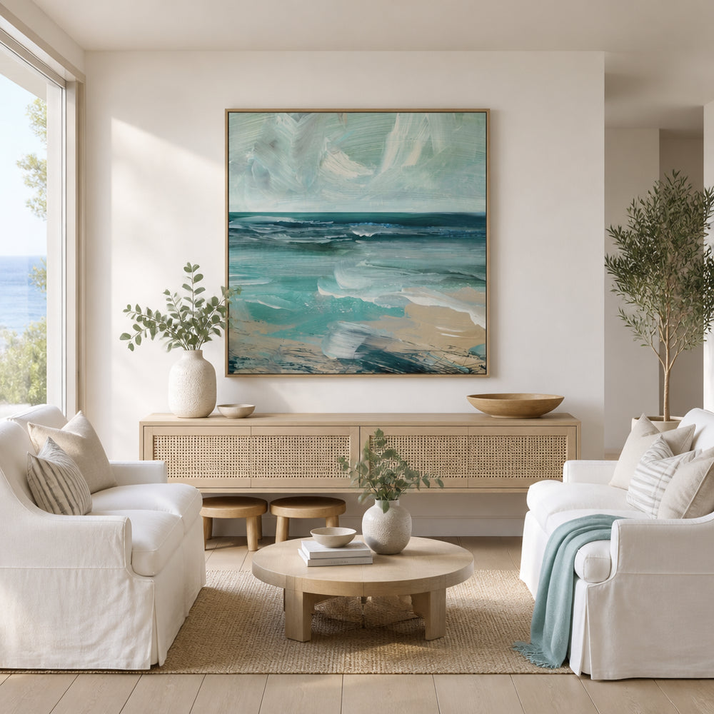 Room mockup featuring Tranquil Teal Seascape Art Print
