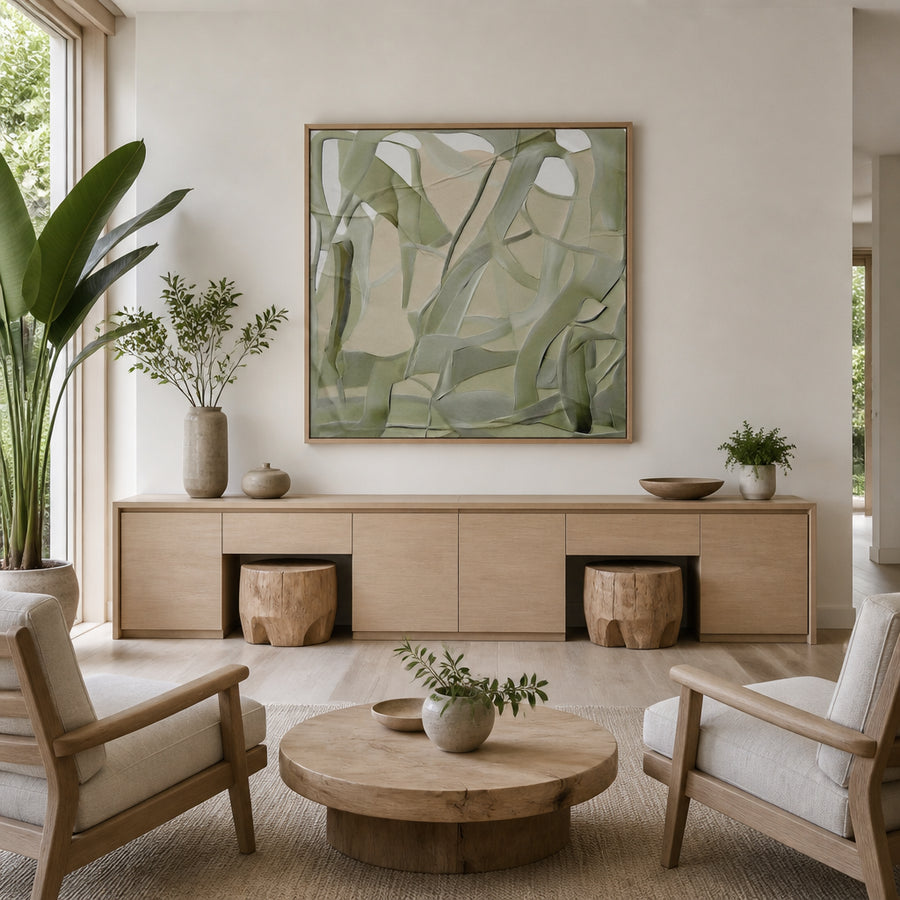Olive Whisper Abstract Elegance Art Print in a room setting