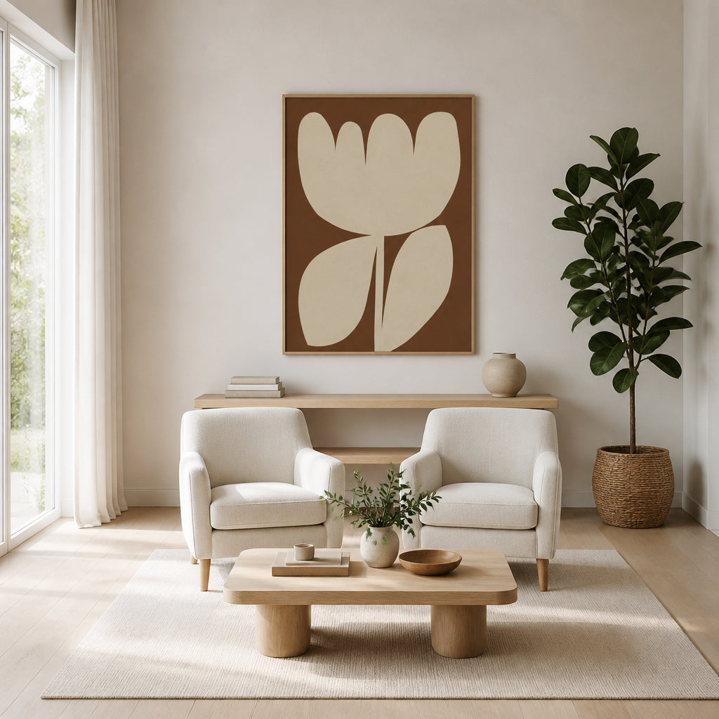 Earthy Minimalist Bloom Art Print shown in a styled room