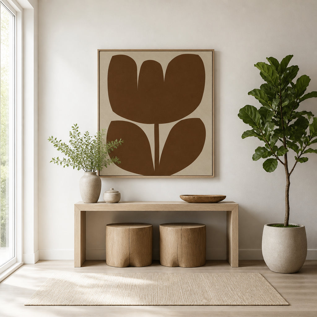 Earthy Tulip Essence Art Print shown in a styled room