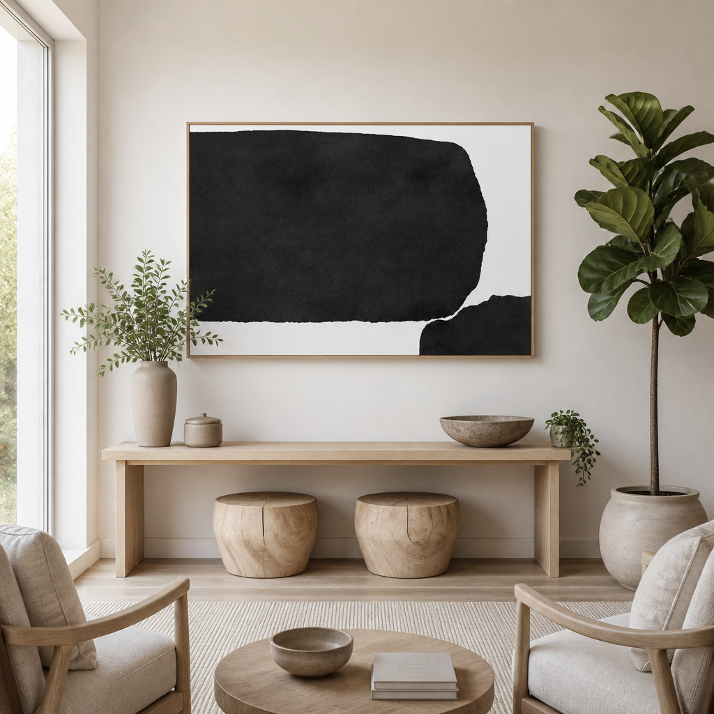 Room mockup featuring Obsidian Serenity Minimalist Art Print