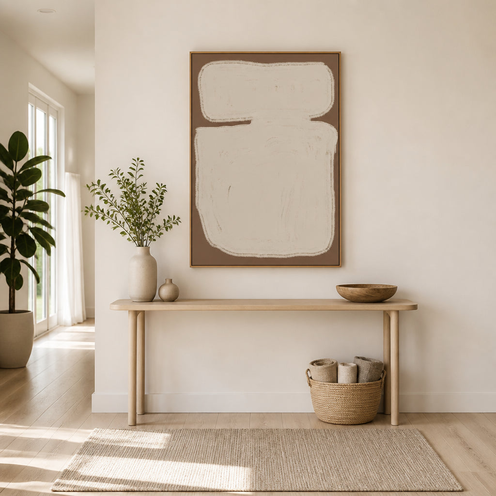 Sepia Geometric Serenity Art Print shown in a styled room