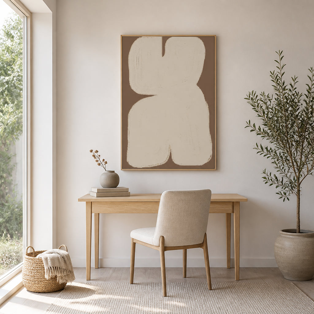Chocolate Mocha Abstract Harmony Art Print shown in a styled room