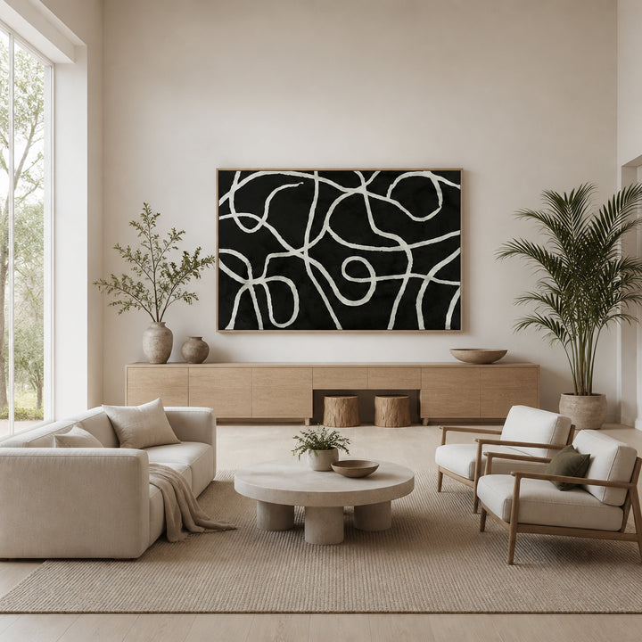 Room mockup featuring Monochrome Labyrinth Elegance Ivory Curves On Black Field Art Print