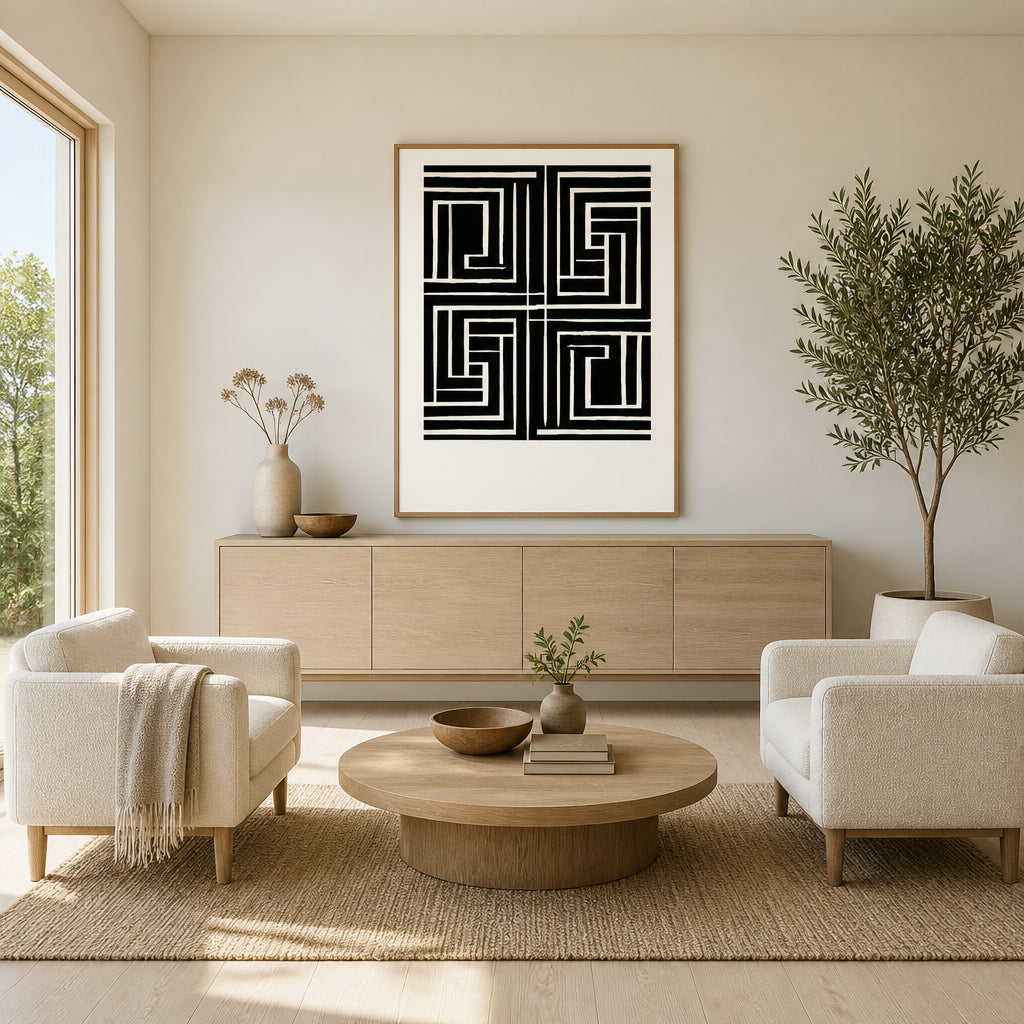 Room mockup featuring Monochrome Labyrinth Elegance Concentric Squares Quadrant Division Art Print