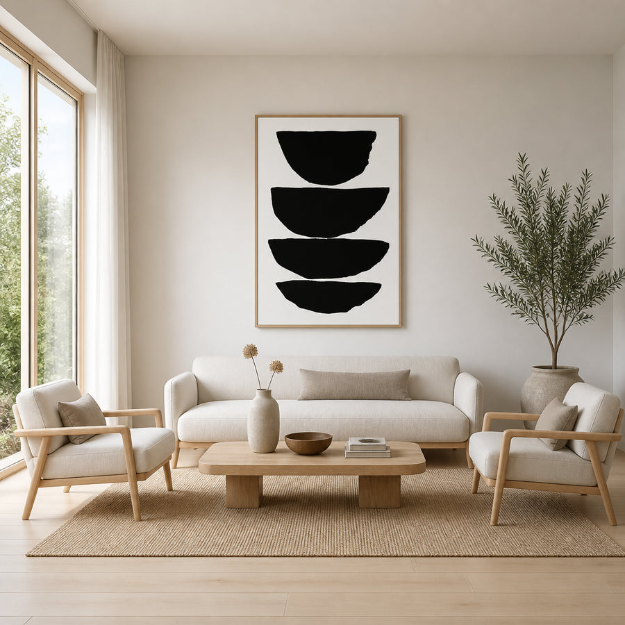 Ebon Geometric Harmony Stacked Black Bowls Art Print in a room setting
