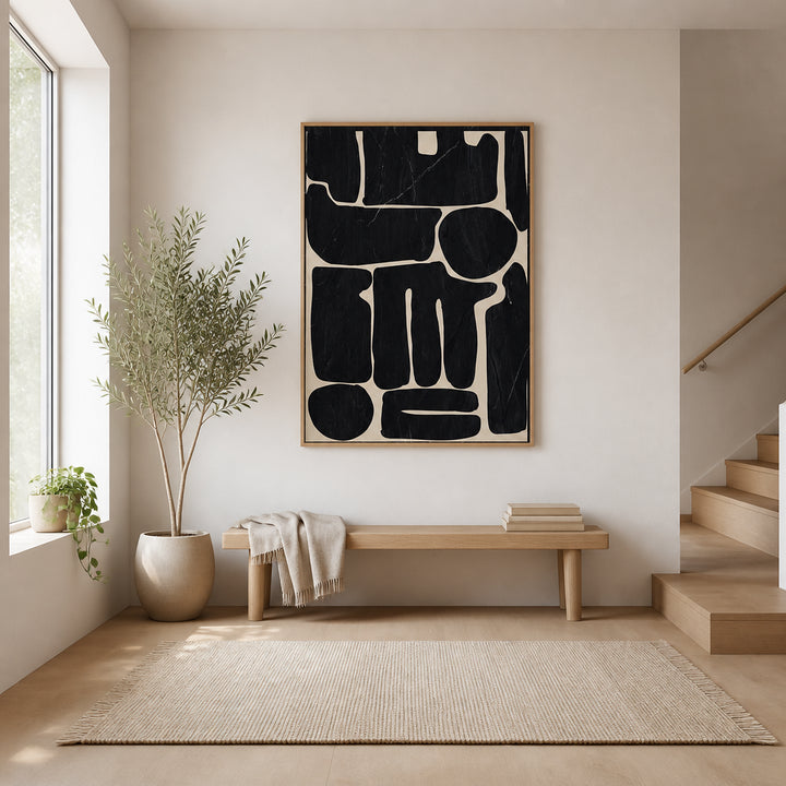 Room mockup featuring Ebon Geometric Harmony Organic Shapes On Cream Ground Art Print