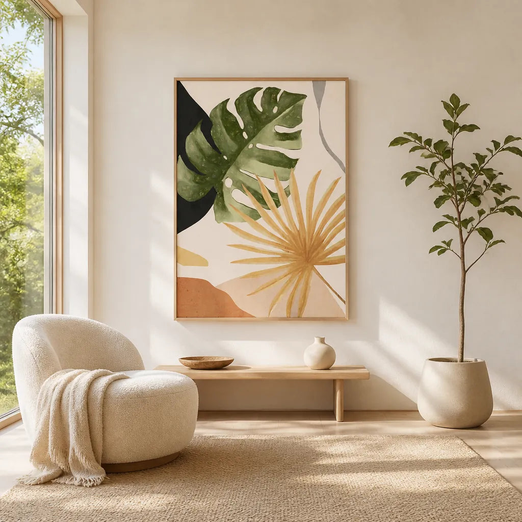 Verdant Tropical Elegance Art Print shown in a styled room